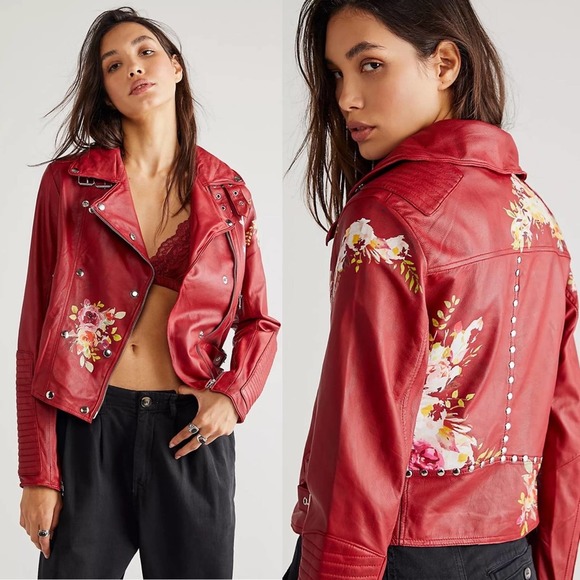 NEW Free People x JAKKET Harley Floral Leather Moto Jacket Red